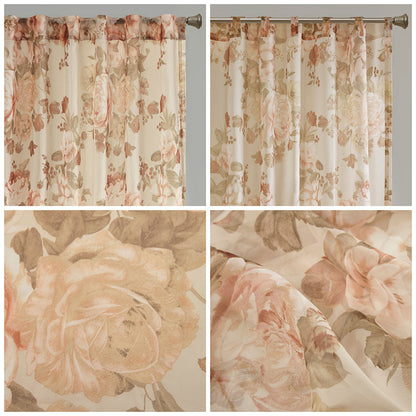 Simone Printed Floral Rod Pocket and Back Tab Voile Sheer Curtain