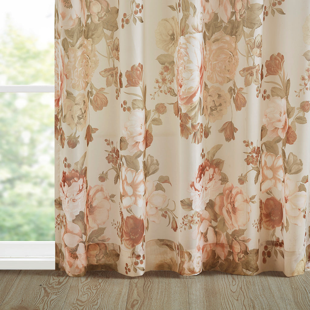 Simone Printed Floral Rod Pocket and Back Tab Voile Sheer Curtain