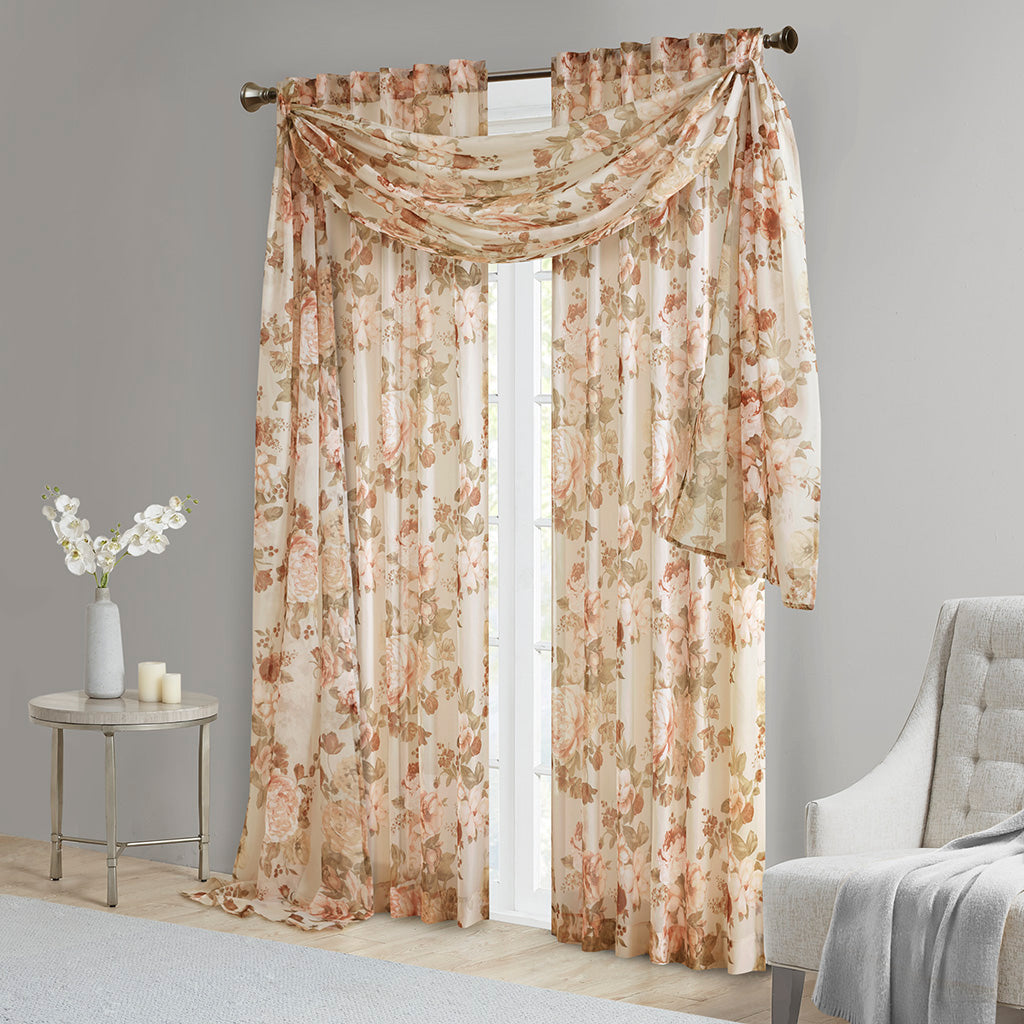 Simone Printed Floral Rod Pocket and Back Tab Voile Sheer Curtain