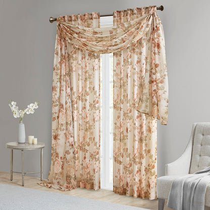 Simone Printed Floral Rod Pocket and Back Tab Voile Sheer Curtain