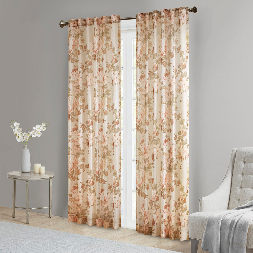 Simone Printed Floral Rod Pocket and Back Tab Voile Sheer Curtain