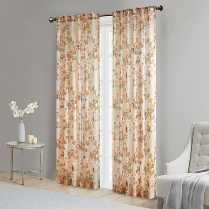 Simone Printed Floral Rod Pocket and Back Tab Voile Sheer Curtain