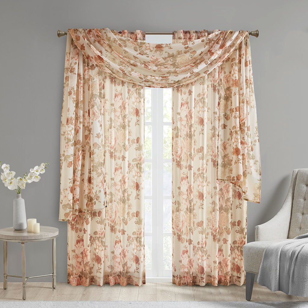 Simone Printed Floral Rod Pocket and Back Tab Voile Sheer Curtain