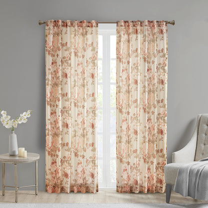 Simone Printed Floral Rod Pocket and Back Tab Voile Sheer Curtain