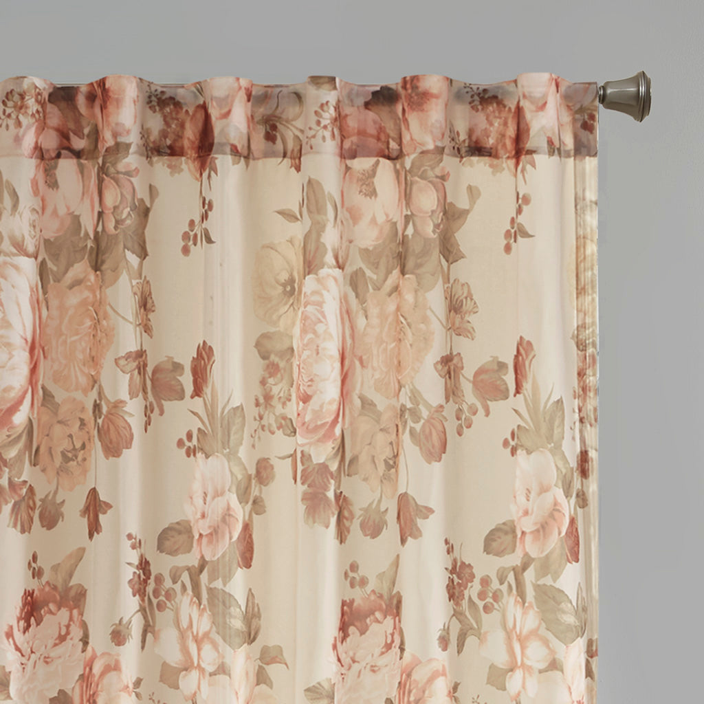 Simone Printed Floral Rod Pocket and Back Tab Voile Sheer Curtain