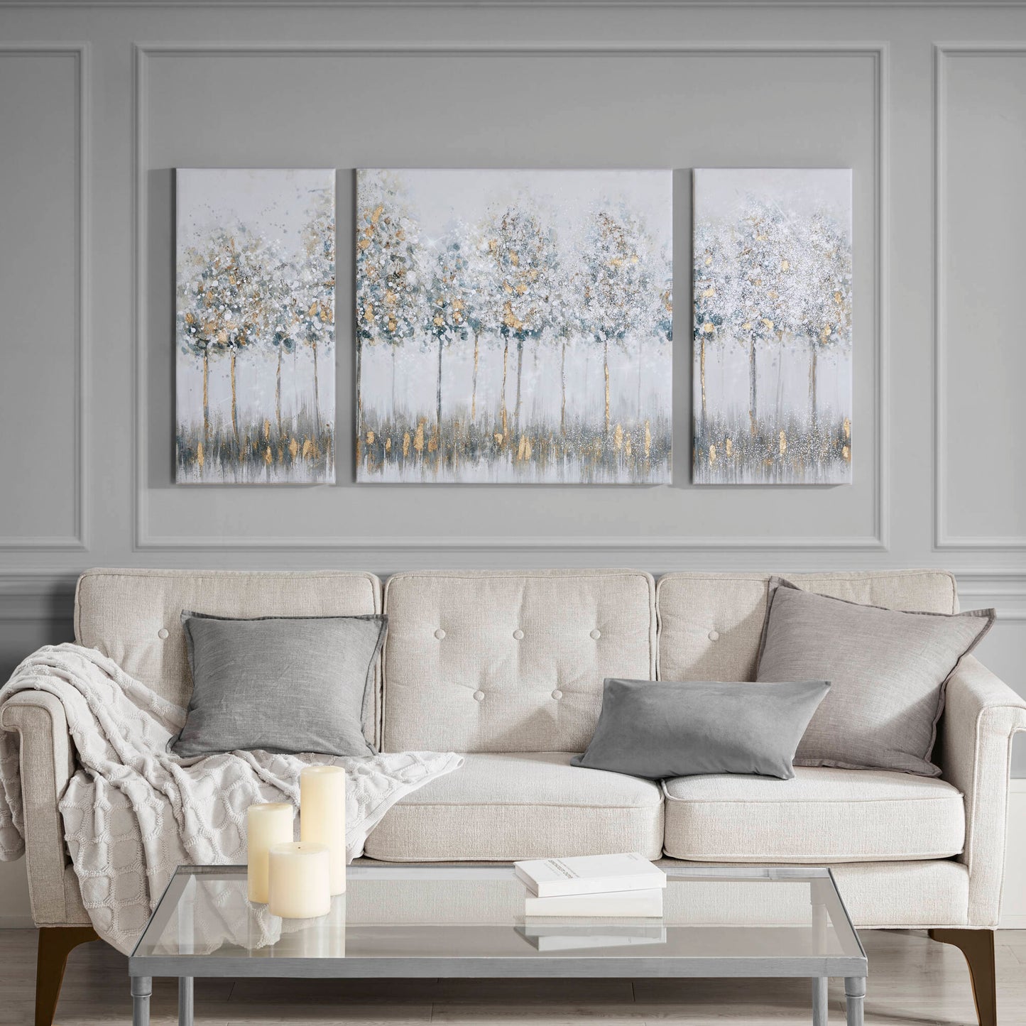 Blue Midst Forest Gold Foil Triptych 3-Piece Canvas Wall Art Set