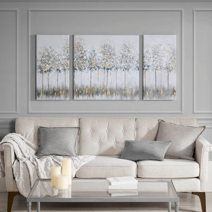 Blue Midst Forest Gold Foil Triptych 3-Piece Canvas Wall Art Set