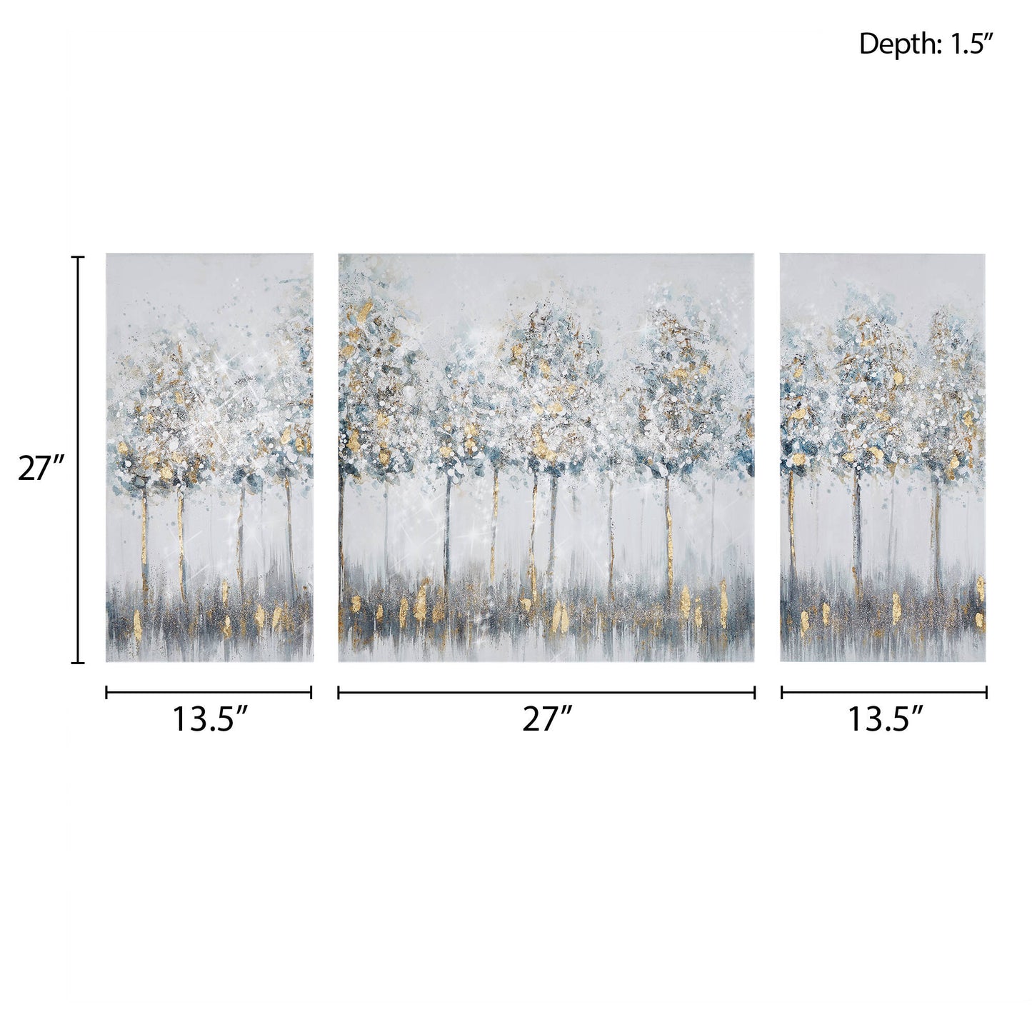 Blue Midst Forest Gold Foil Triptych 3-Piece Canvas Wall Art Set