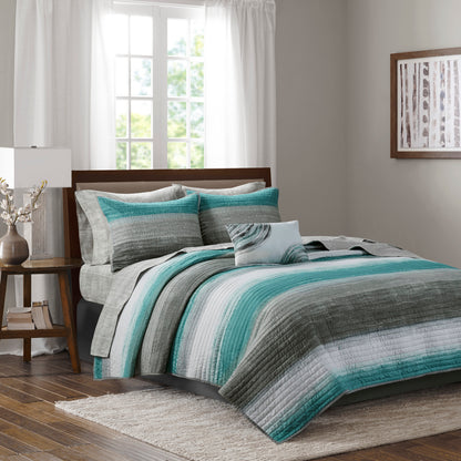 Saben Stripe Reversible 8-Piece Quilt Set with Cotton Bed Sheets Bed in a Bag