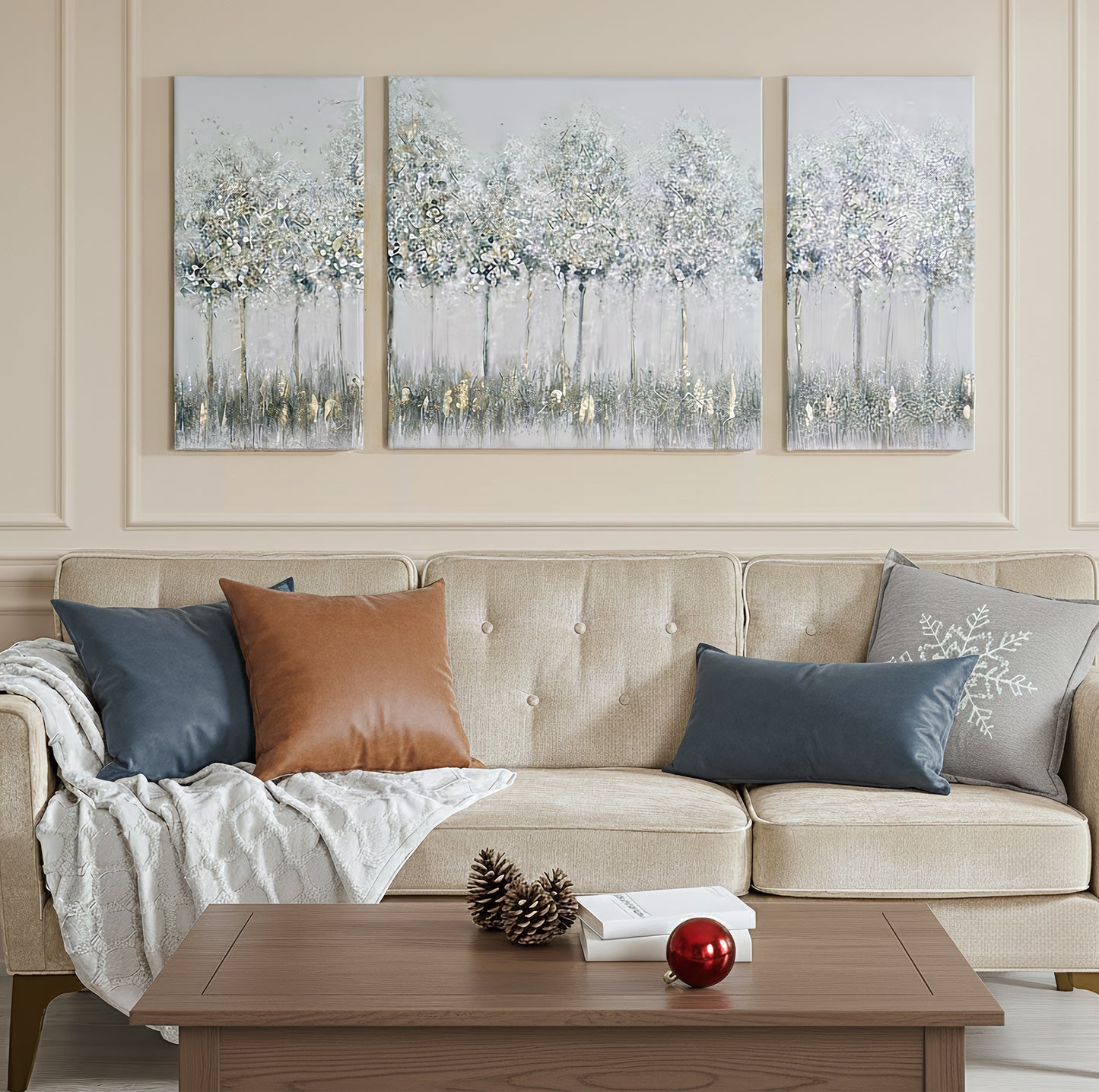 Blue Midst Forest Gold Foil Triptych 3-piece Canvas Wall Art Set