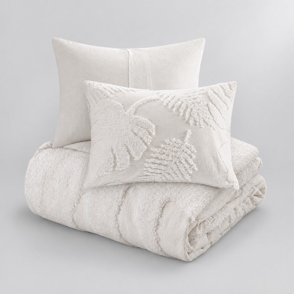 Bahari 3-Piece Tufted Cotton Chenille Palm Duvet Cover Set