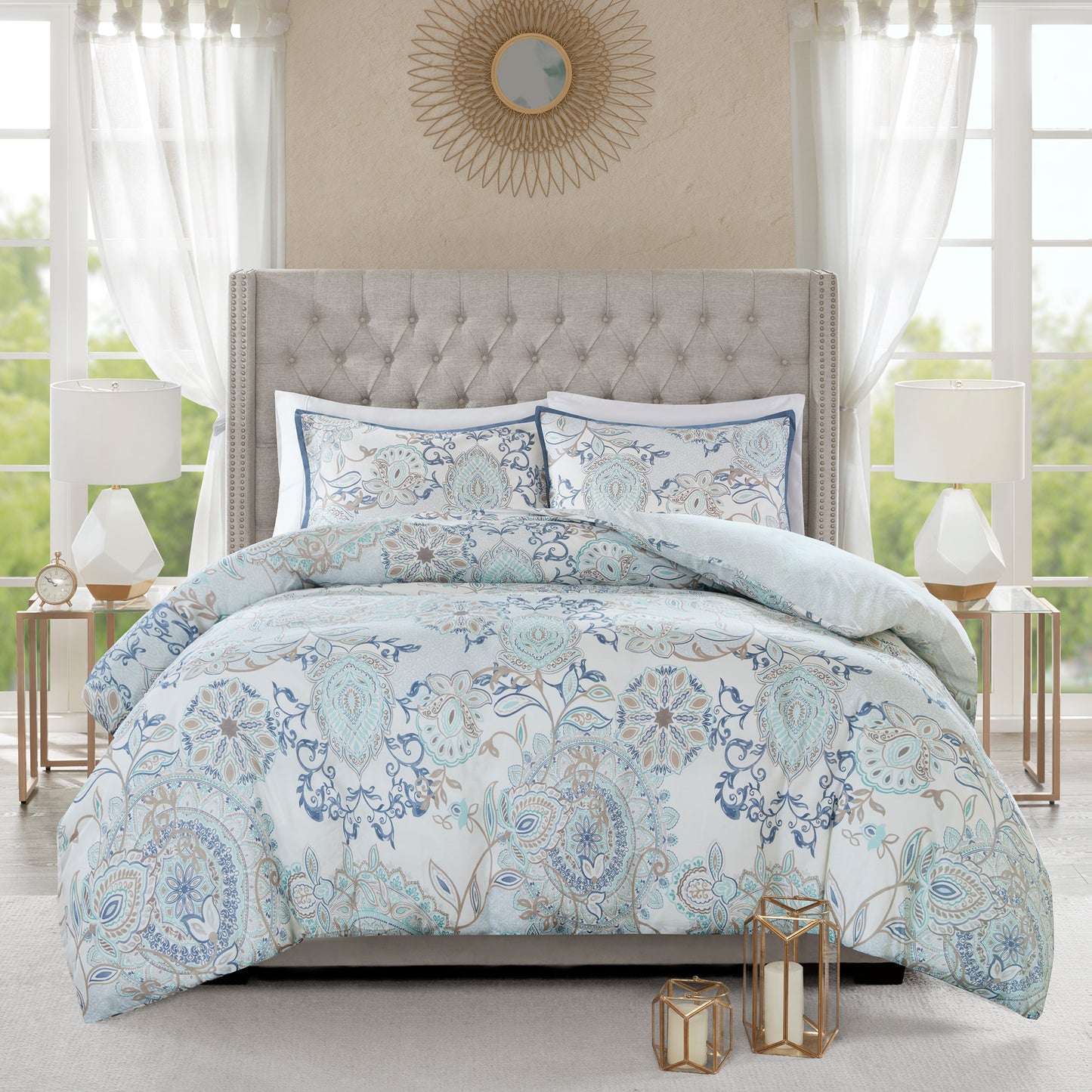 Isla 3 Piece Cotton Floral Printed Reversible Duvet Cover Set