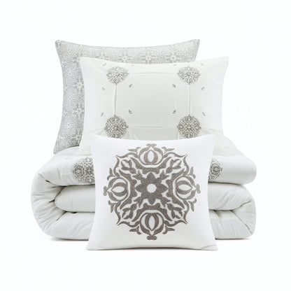 Malia 4 Piece Embroidered Cotton Reversible Duvet Cover Set