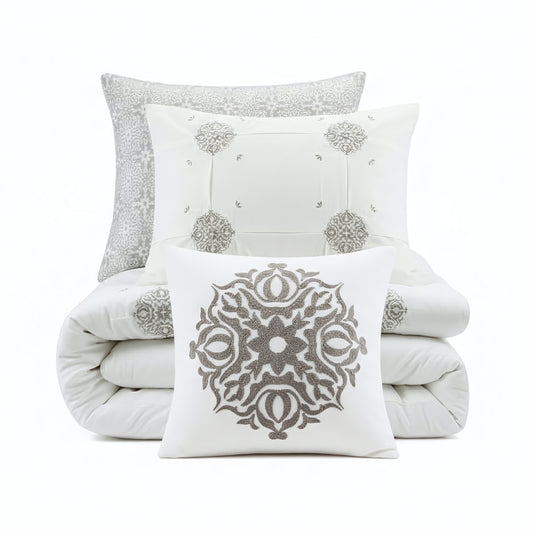 Malia 4 Piece Embroidered Cotton Reversible Duvet Cover Set