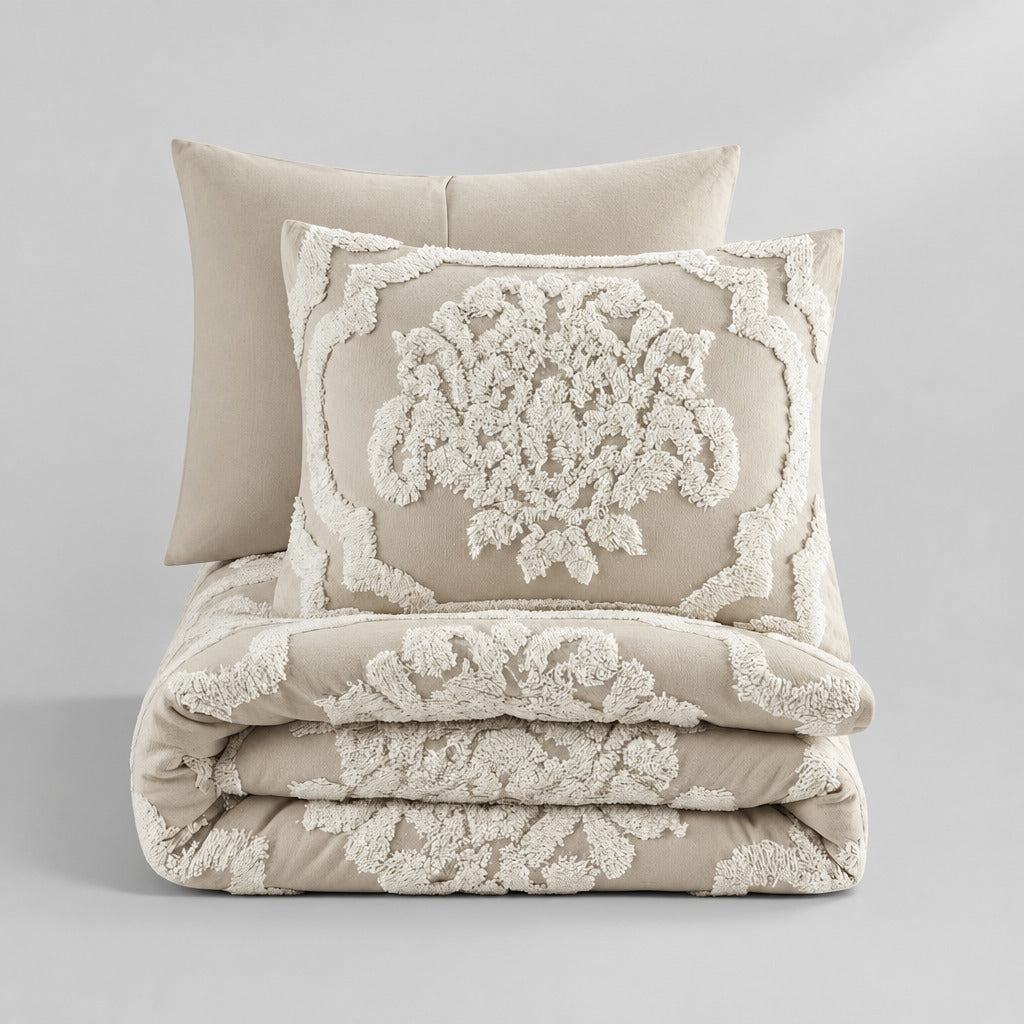 Viola 3-Piece Tufted Cotton Chenille Damask Duvet Cover Set