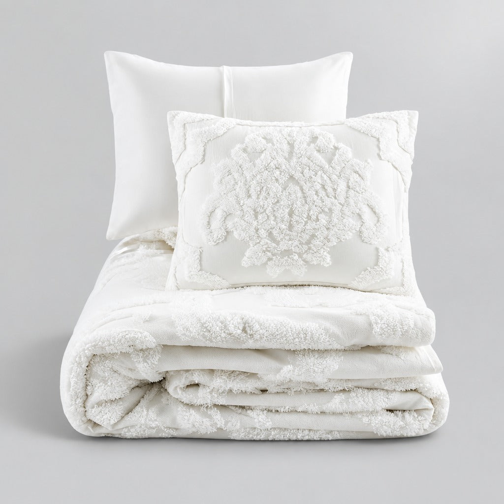 Viola 3-Piece Tufted Cotton Chenille Damask Duvet Cover Set