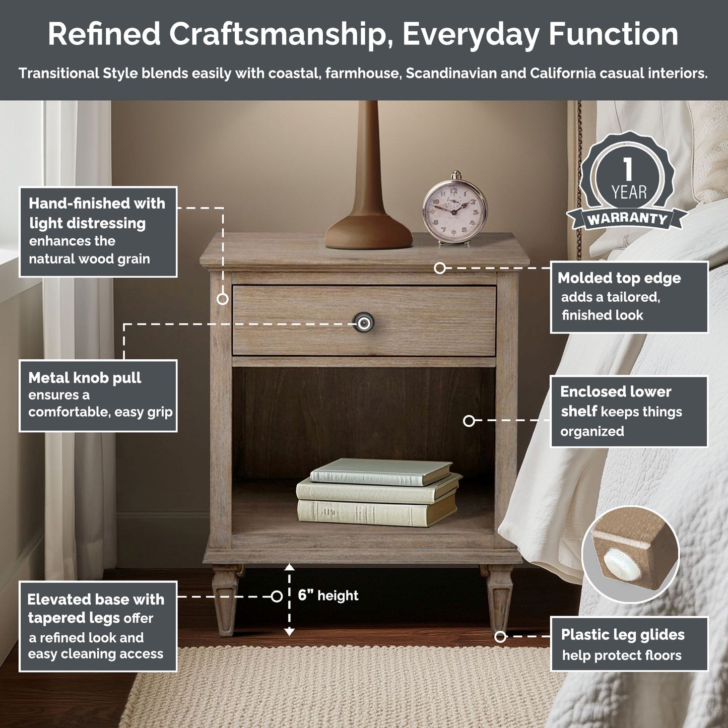 Victoria one-drawer wood nightstand with shelf