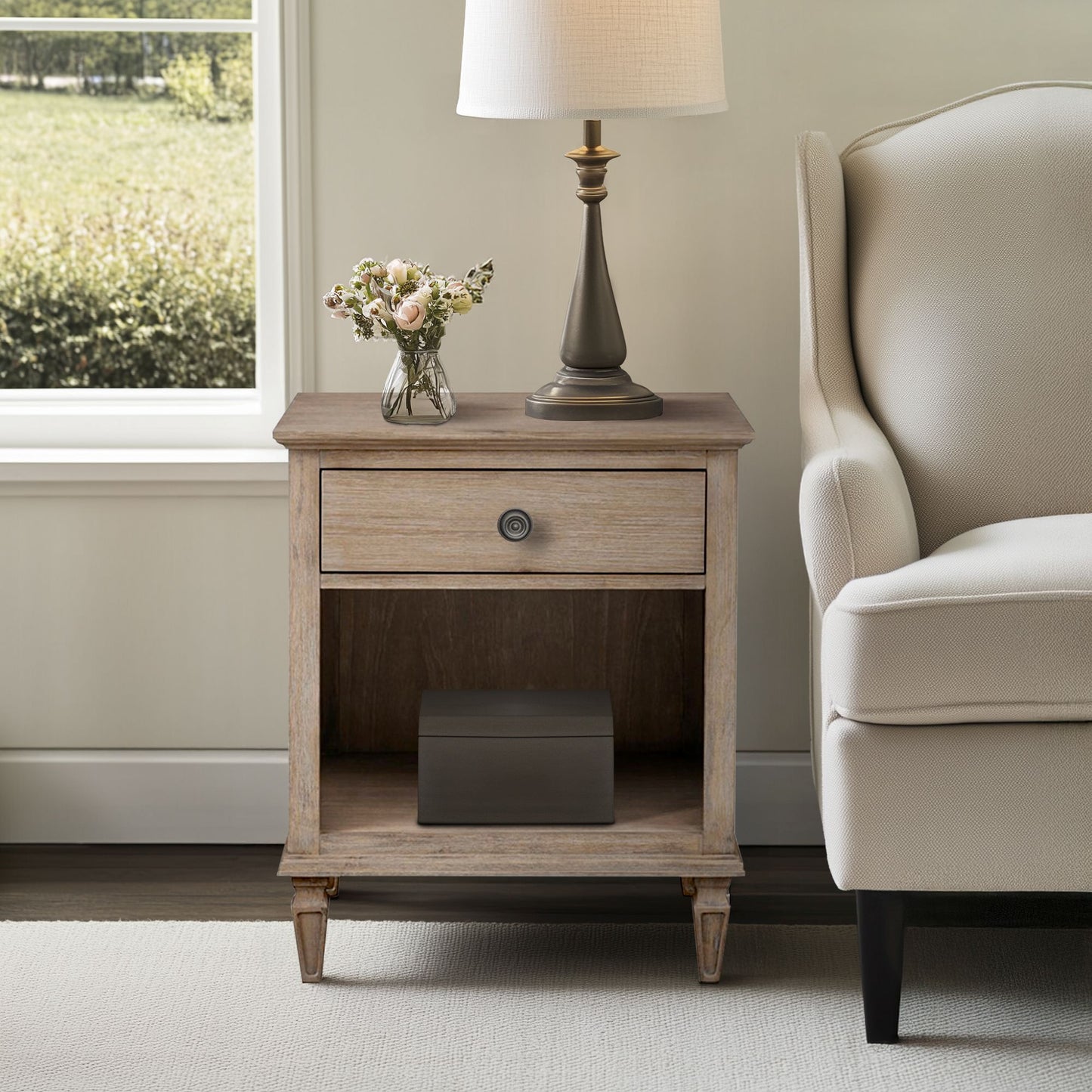 Victoria one-drawer wood nightstand with shelf