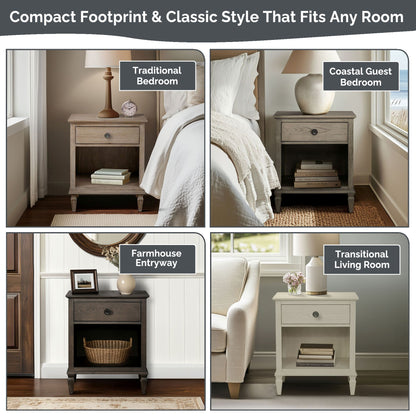 Victoria one-drawer wood nightstand with shelf