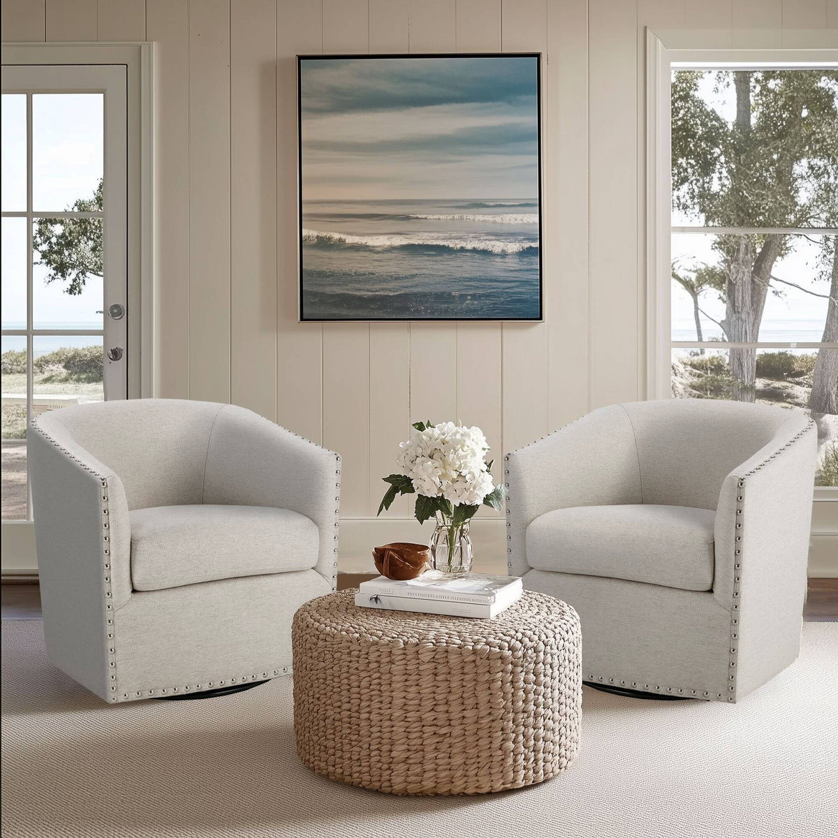 Tyler Upholstered Swivel Barrel Chair with Nailheads