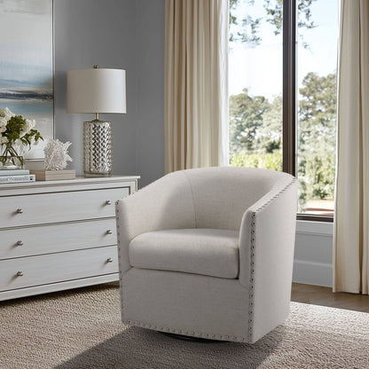 Tyler Upholstered Swivel Barrel Chair with Nailheads