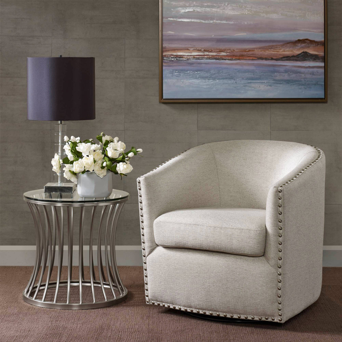 Tyler Upholstered Swivel Barrel Chair with Nailheads