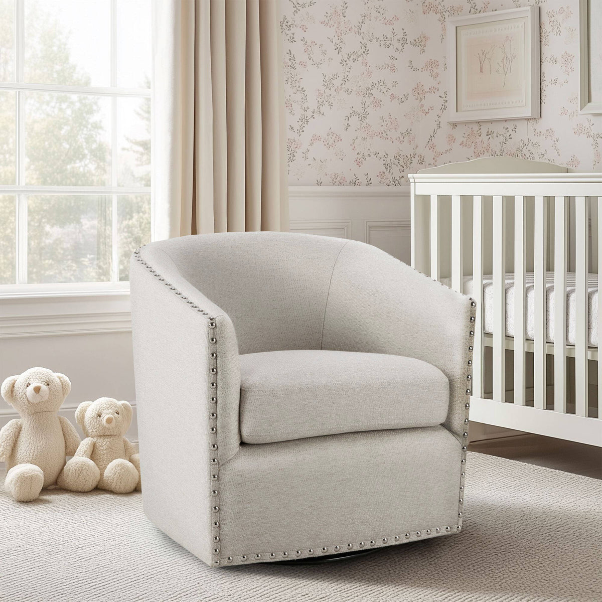 Tyler Upholstered Swivel Barrel Chair with Nailheads
