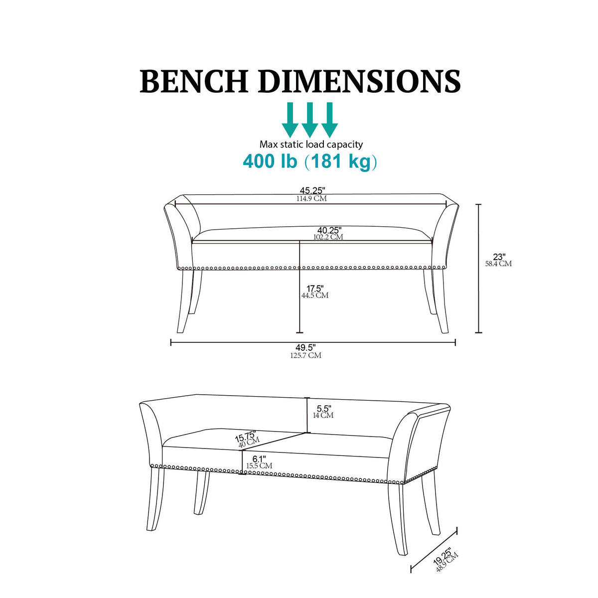 Welburn 49.5" Upholstered Bench with Back & Wood Legs