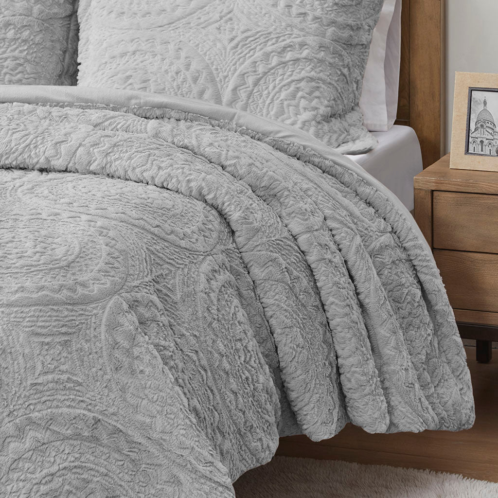 Madison Park Embroidered Medallion Faux Fur Ultra Plush Comforter Mini Set