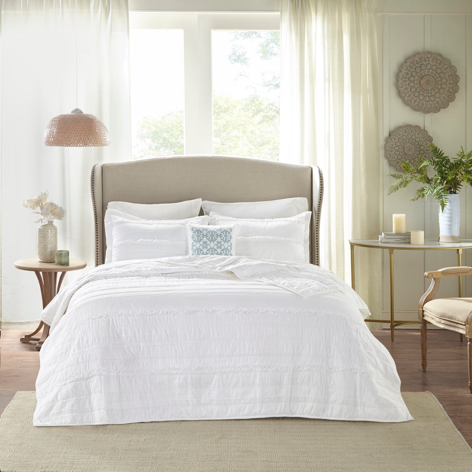 Madison Park 4 Piece Microfiber Reversible Ruffle Quilt Set with Throw Pillow