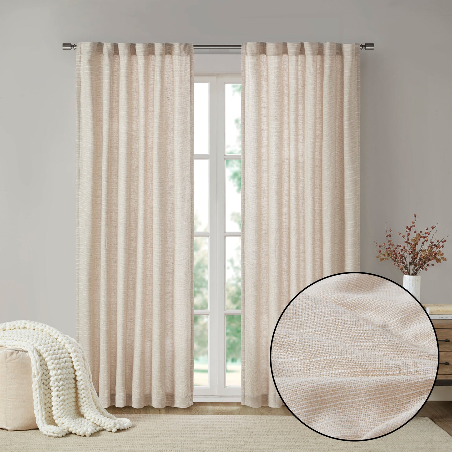 Madison Park Faux Linen Rod Pocket and Back Tab Fleece Lined Curtain Panel