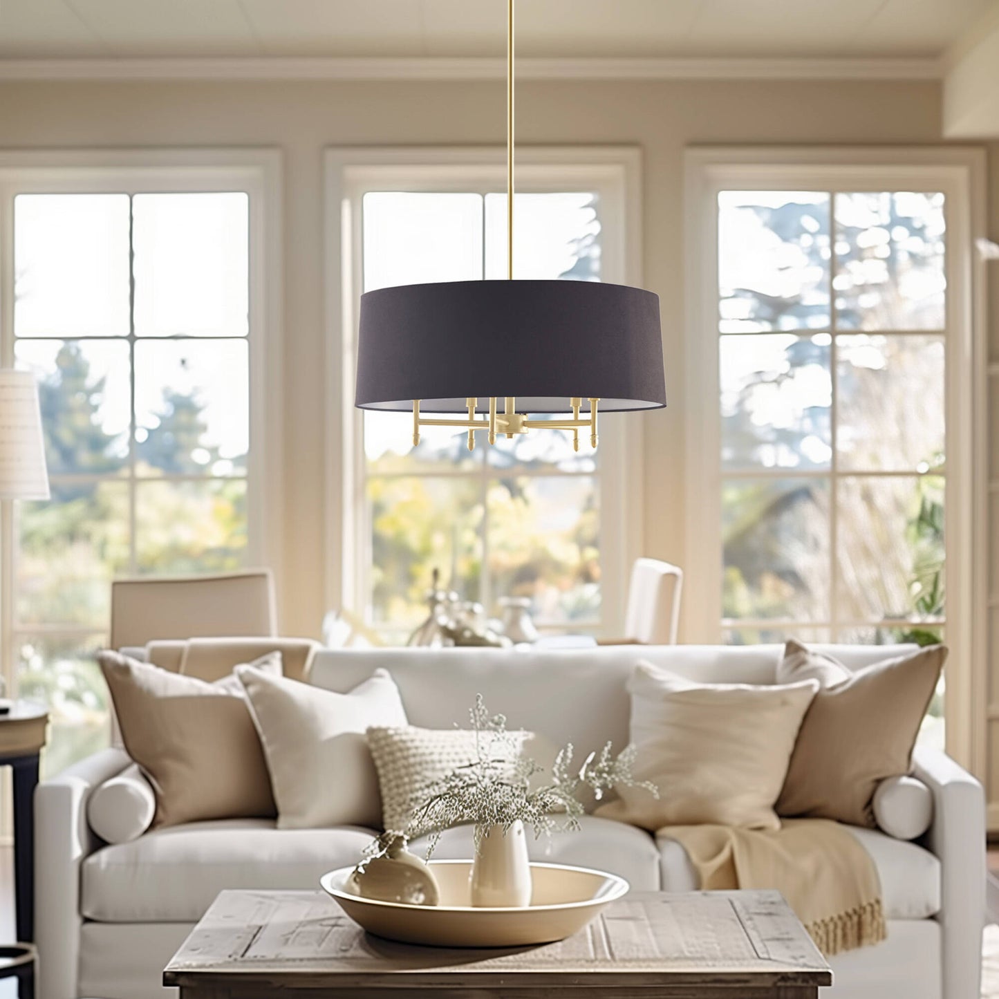 Hampton Hill Presidio 5-Light Dimmable Chandelier with Drum-shaped Fabric Shade & Adjustable Height