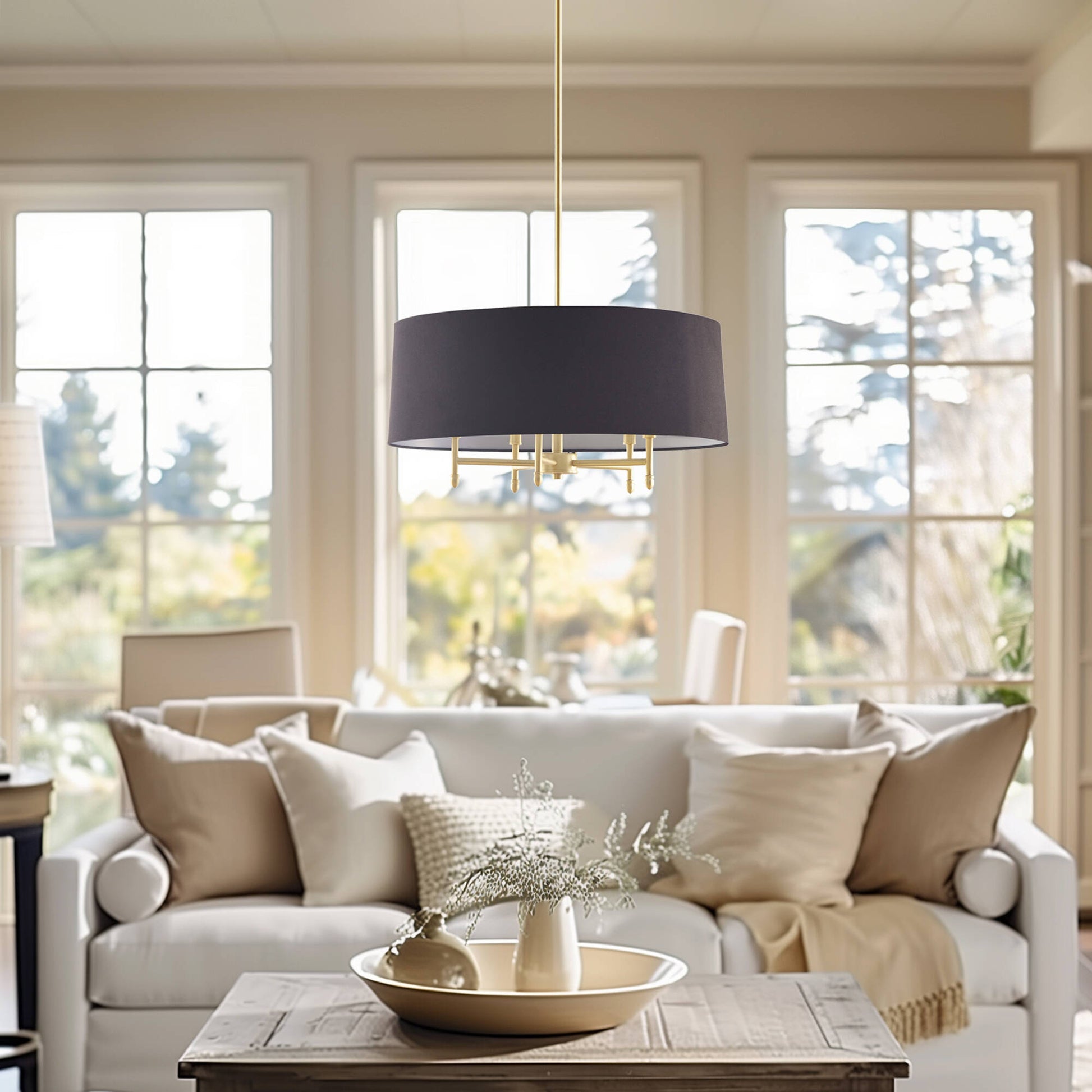 Hampton Hill Presidio 5-Light Dimmable Chandelier with Drum-shaped Fabric Shade & Adjustable Height