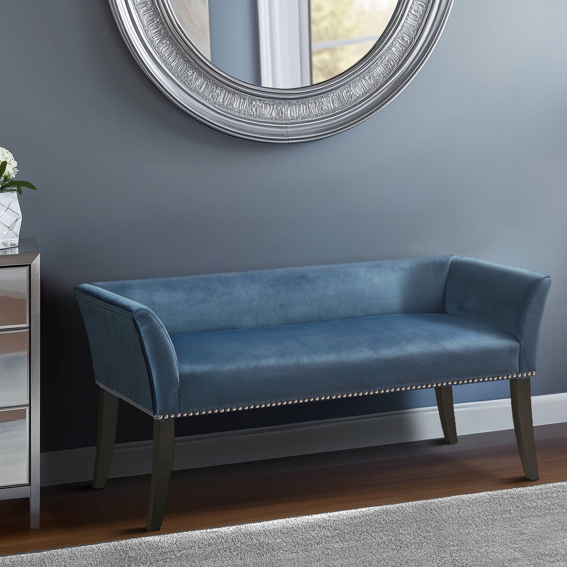Madison Park Welburn 49.5" Upholstered Bench with Back & Wood Legs