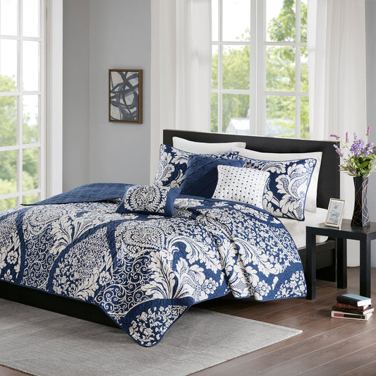 Madison Park 6 Piece Printed Cotton Quilt Set with Throw Pillows
