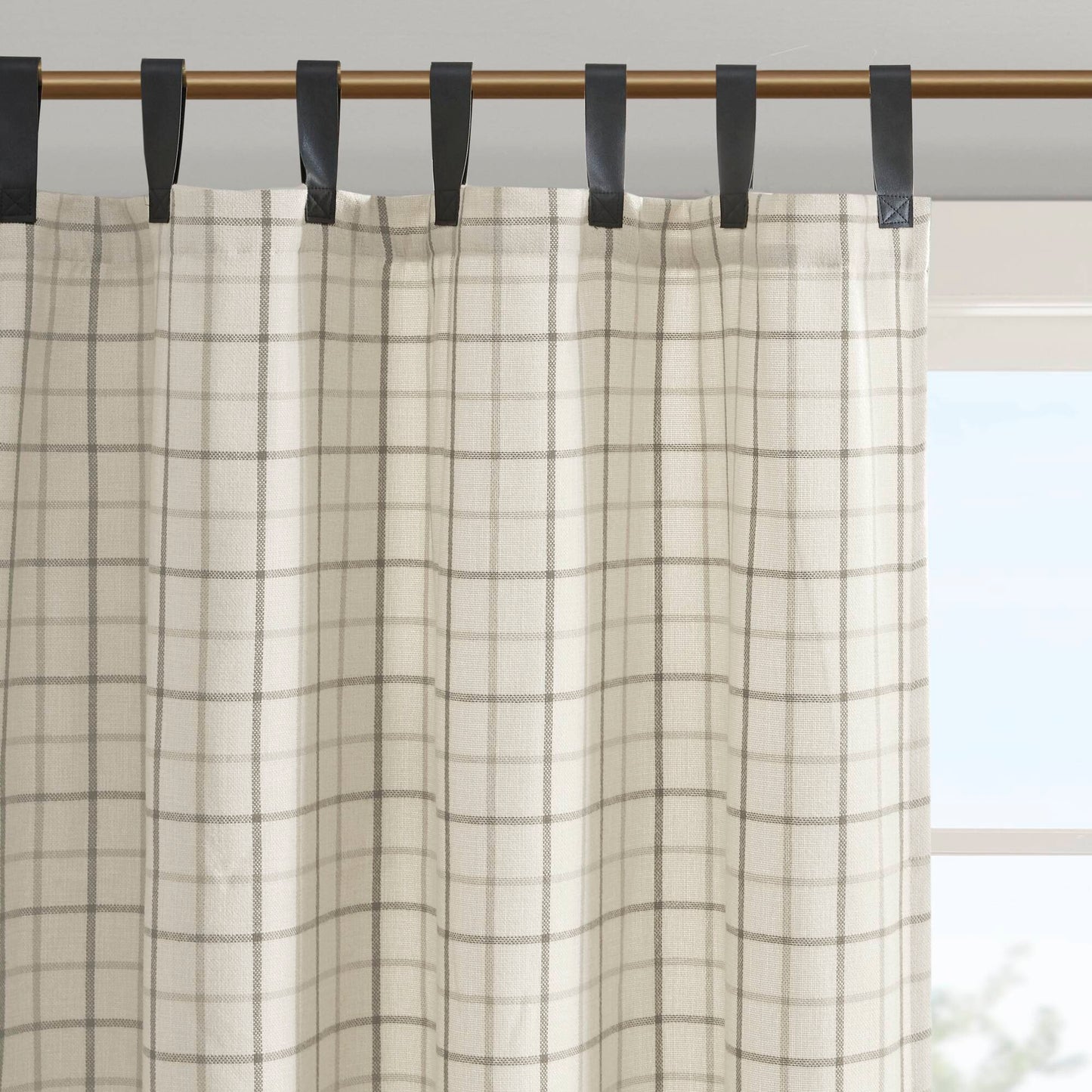 Madison Park Plaid Faux Leather Tab Top Curtain Panel with Fleece Lining