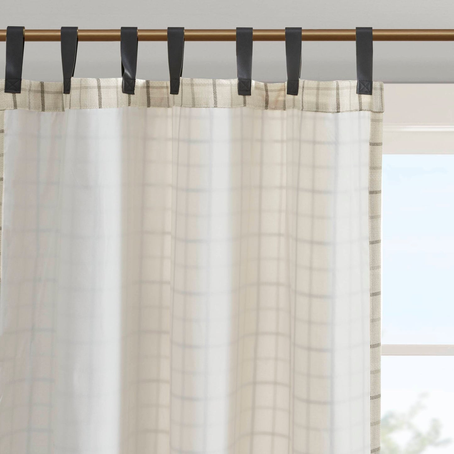 Madison Park Plaid Faux Leather Tab Top Curtain Panel with Fleece Lining