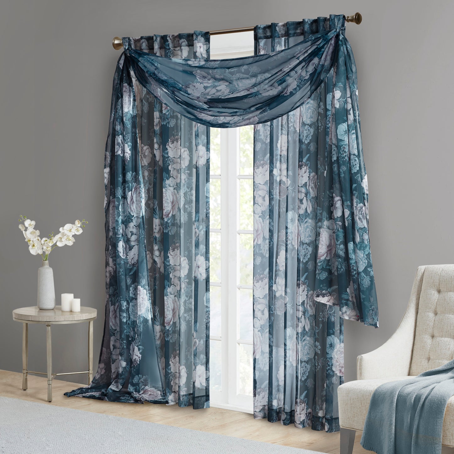 Madison Park Printed Floral Rod Pocket and Back Tab Voile Sheer Curtain