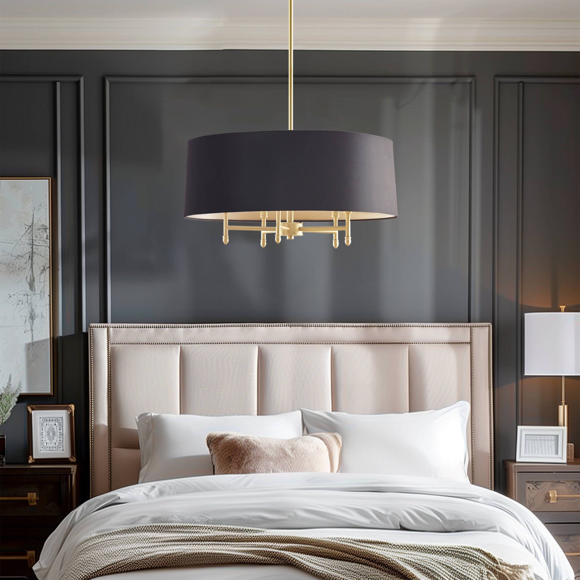 Hampton Hill Presidio 5-Light Dimmable Chandelier with Drum-shaped Fabric Shade & Adjustable Height