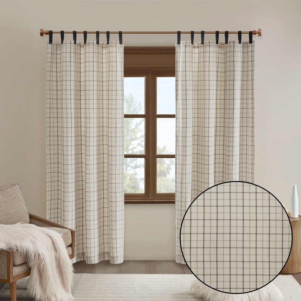 Madison Park Plaid Faux Leather Tab Top Curtain Panel with Fleece Lining