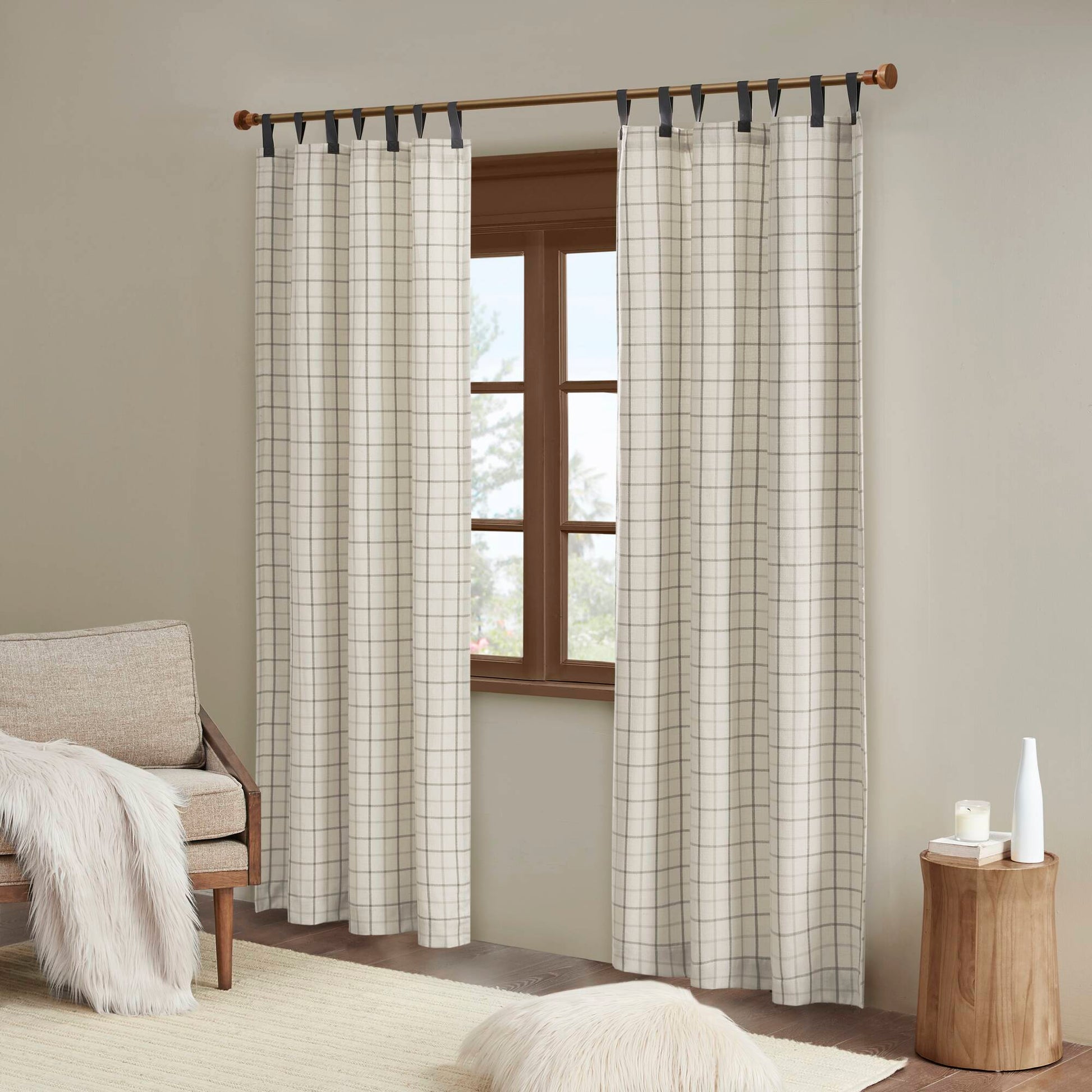 Madison Park Plaid Faux Leather Tab Top Curtain Panel with Fleece Lining