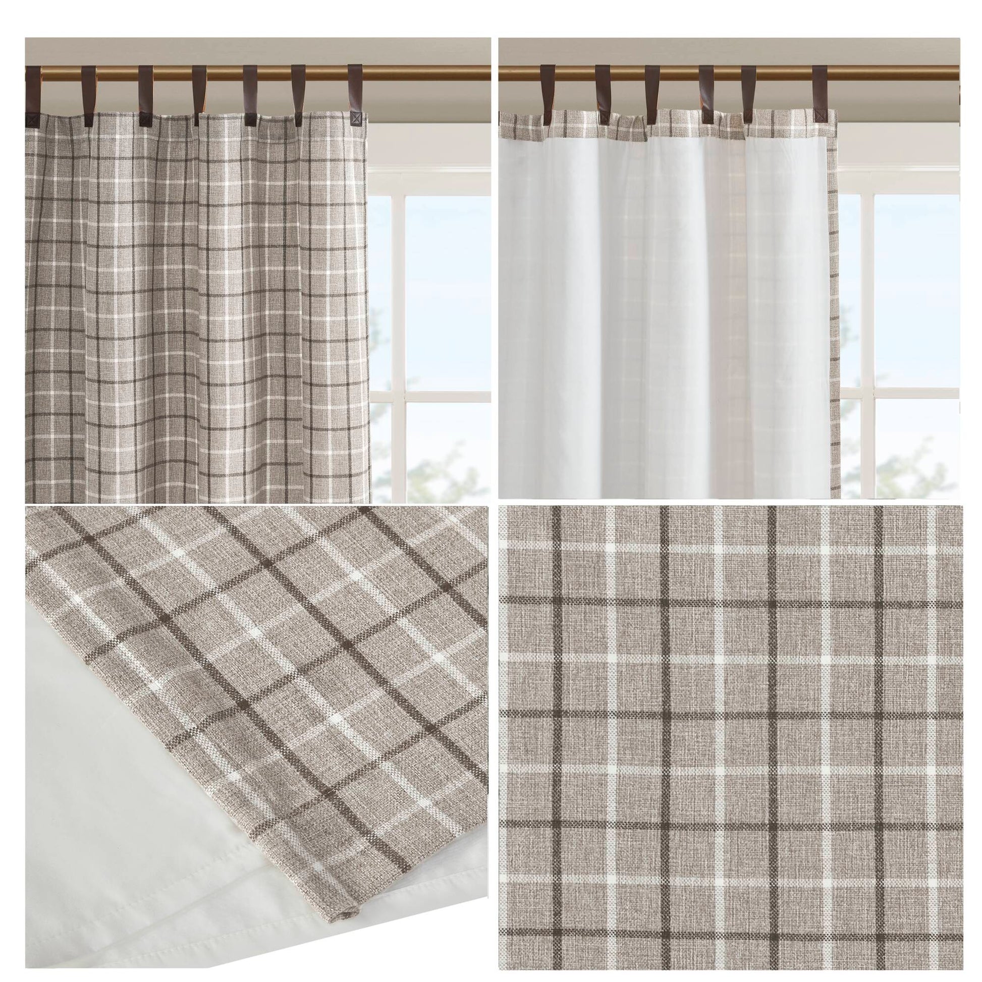 Madison Park Plaid Faux Leather Tab Top Curtain Panel with Fleece Lining