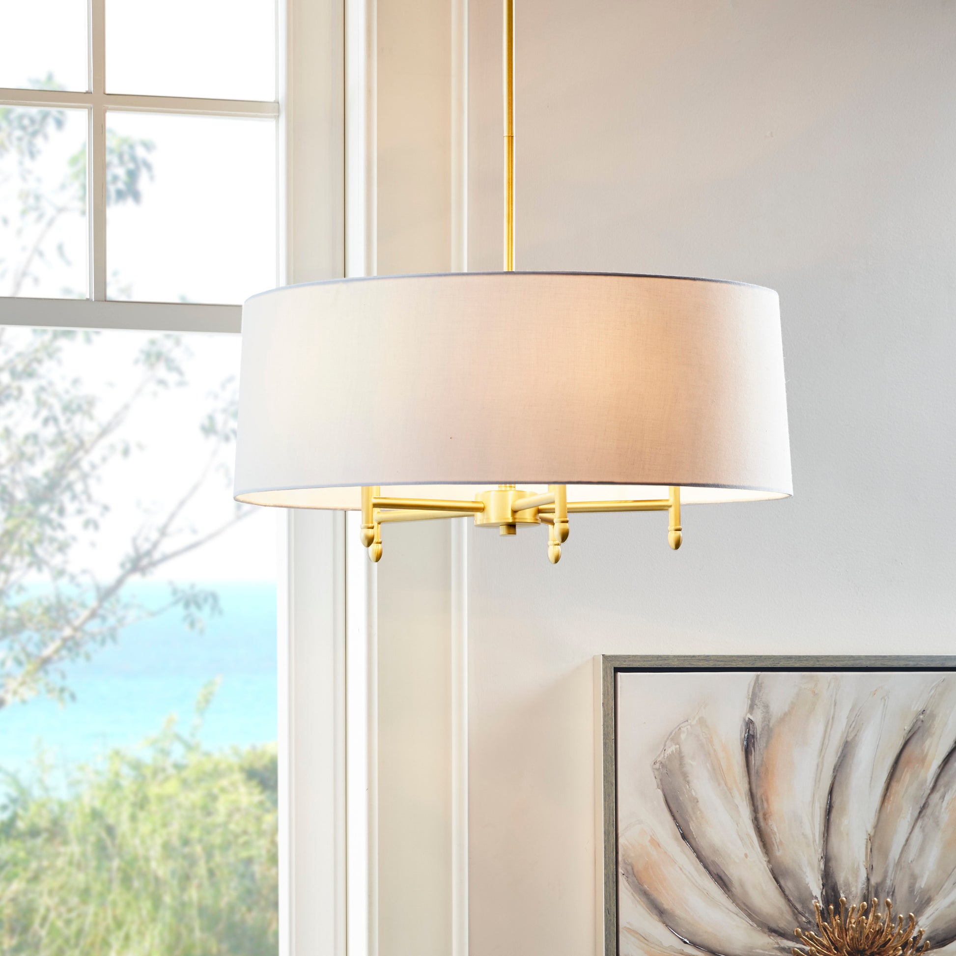 Hampton Hill Presidio 5-Light Dimmable Chandelier with Drum-shaped Fabric Shade & Adjustable Height