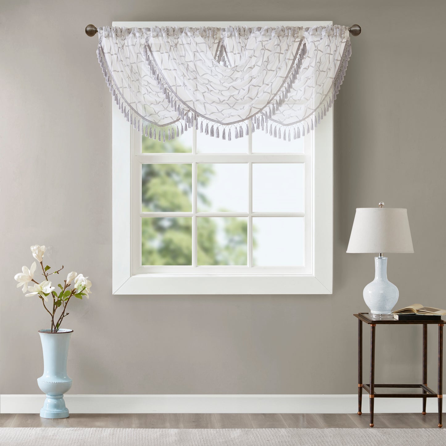 Madison Park Diamond Sheer Embroidered Waterfall Valance