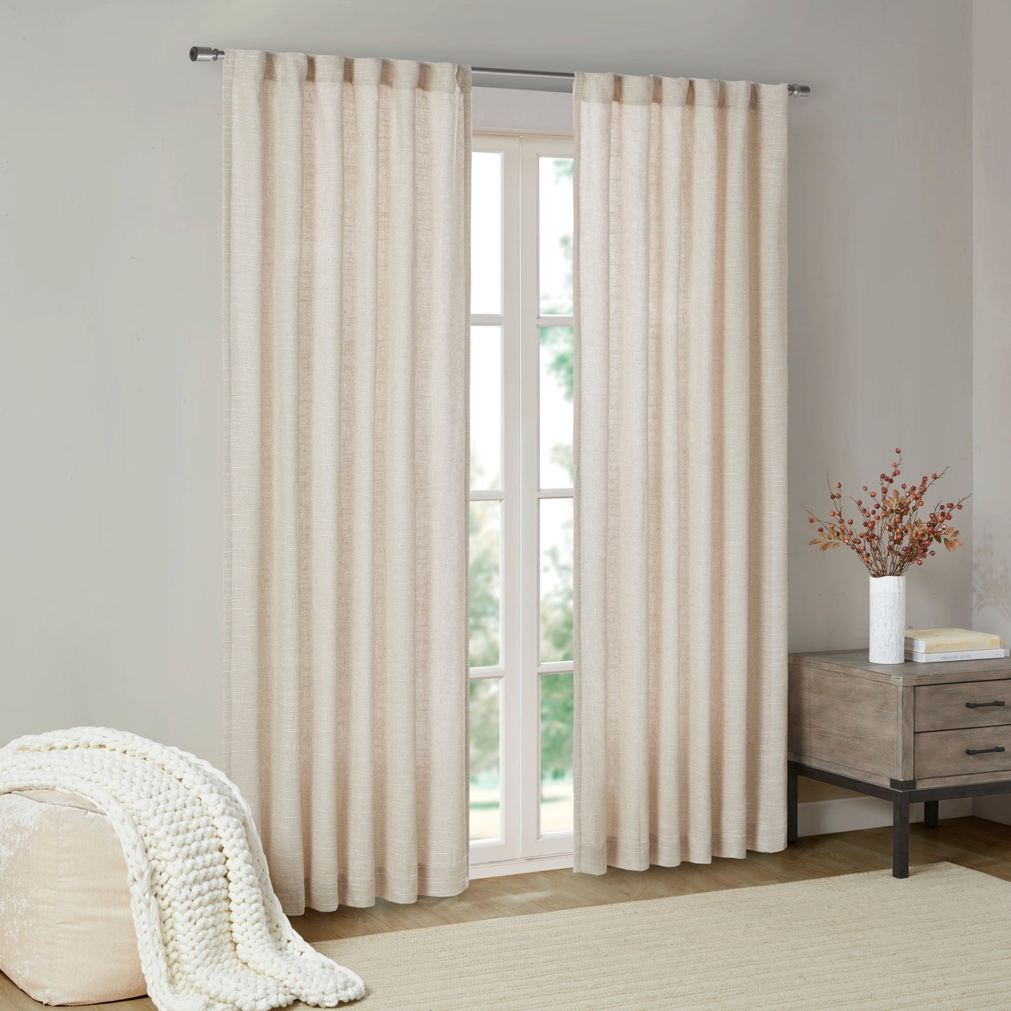 Madison Park Faux Linen Rod Pocket and Back Tab Fleece Lined Curtain Panel