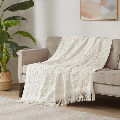 Madison Park 100% Cotton Tufted Chenille Lightweight Throw With Fringe Tassel 50" x 60"