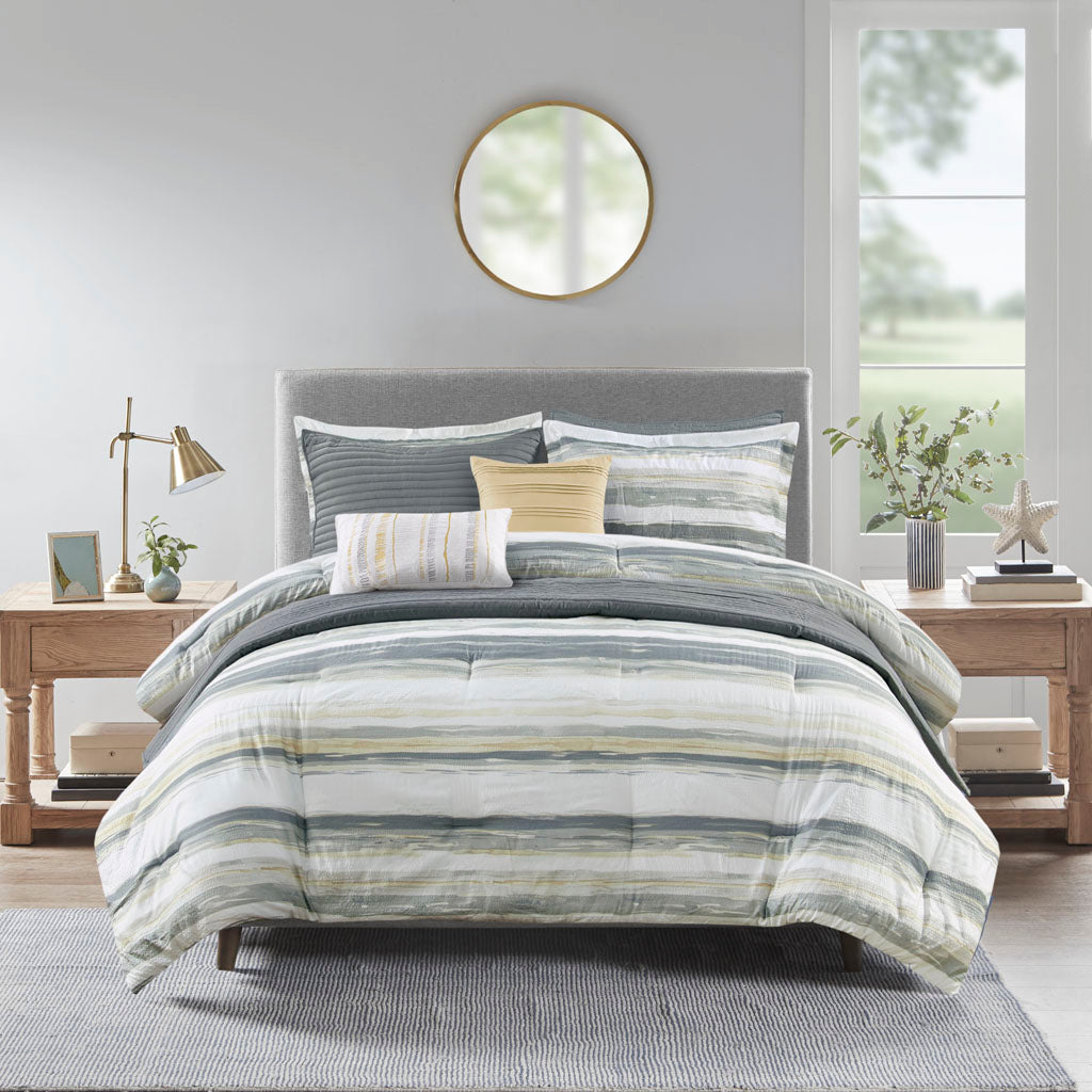 Madison Park 8 Piece Printed Seersucker Comforter and Quilt Set Collection