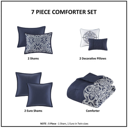 Madison Park 7 Piece Flocking Comforter Set with Euro Shams and Throw Pillows