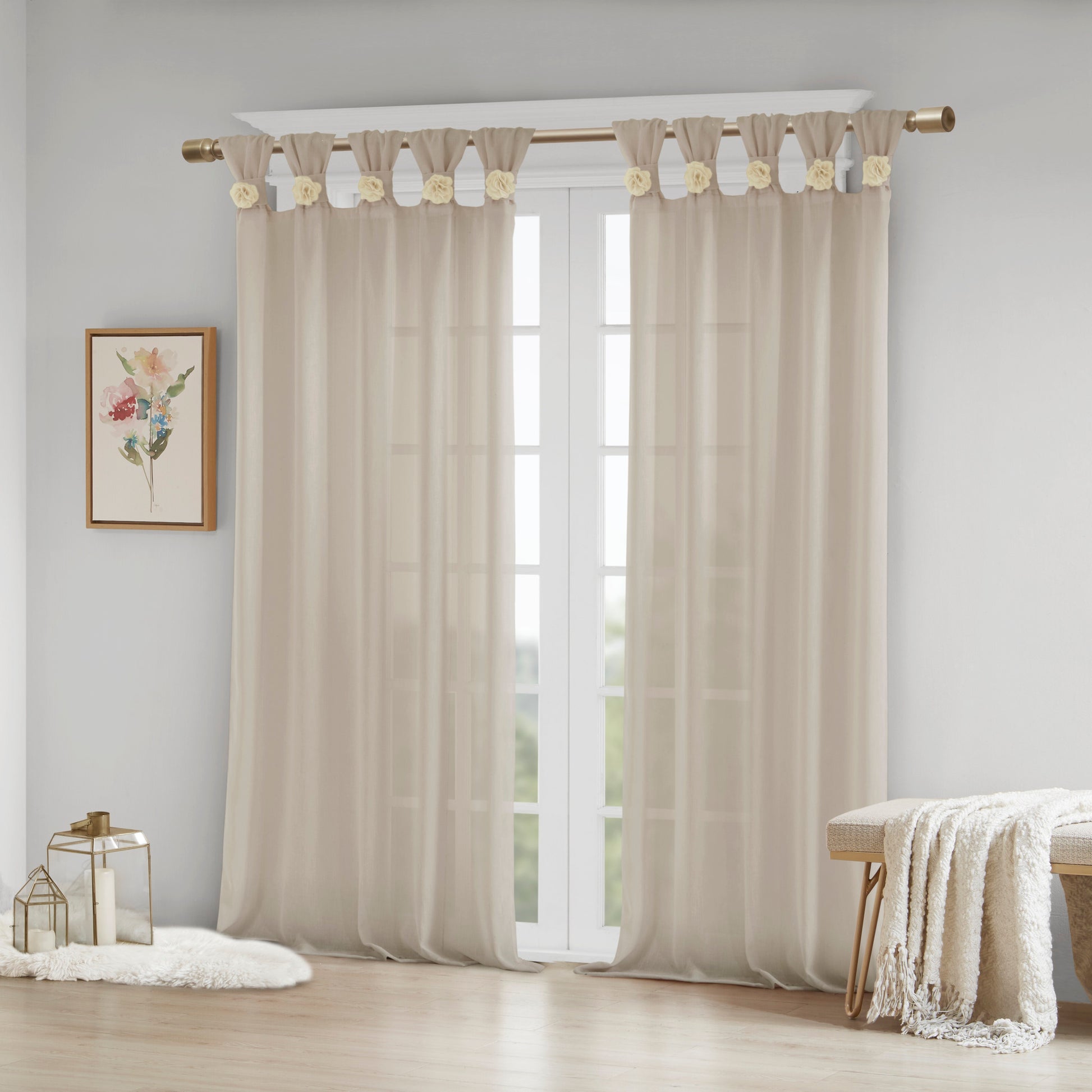 Madison Park Floral Embellished Cuff Tab Top Solid Curtain Panel