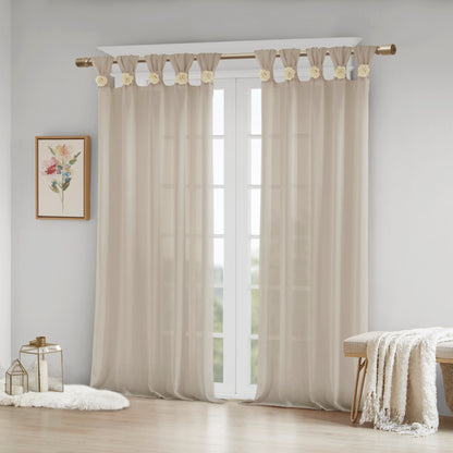 Madison Park Floral Embellished Cuff Tab Top Solid Curtain Panel